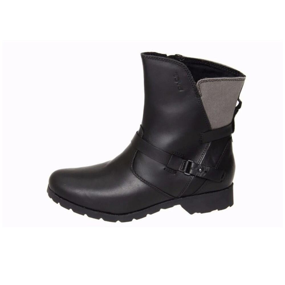 Teva De La Vina Low Black Leather Waterproof Moto Ankle Boots Size 10 Womens